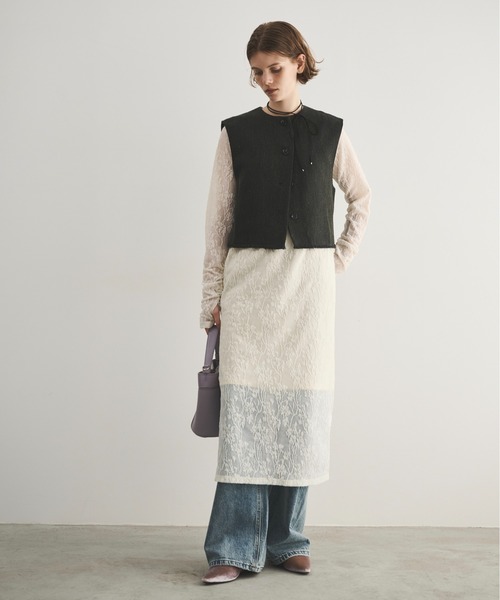 LOSCa ワンピース シャーリングカフフラワーレースワンピース