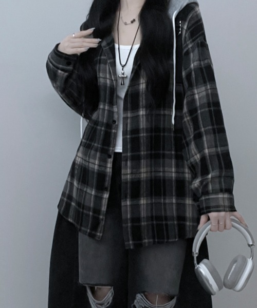 ブラウス シャツ フード付きオーバーサイズチェックシャツ レディース