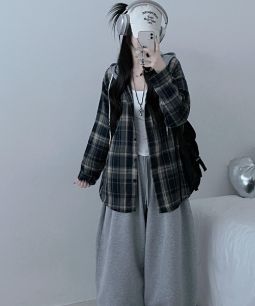 ブラウス シャツ フード付きオーバーサイズチェックシャツ レディース