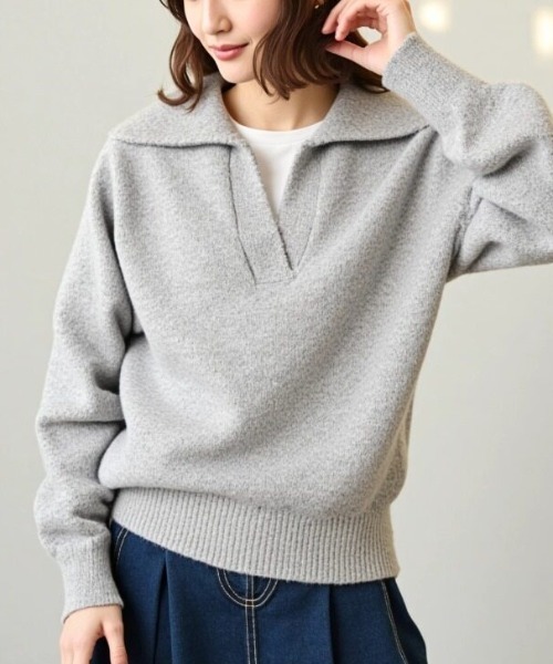 cammie ニット セーター 襟付きキーネックニットトップス レディース