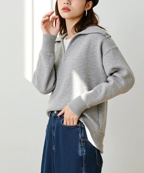 cammie ニット セーター 襟付きキーネックニットトップス レディース