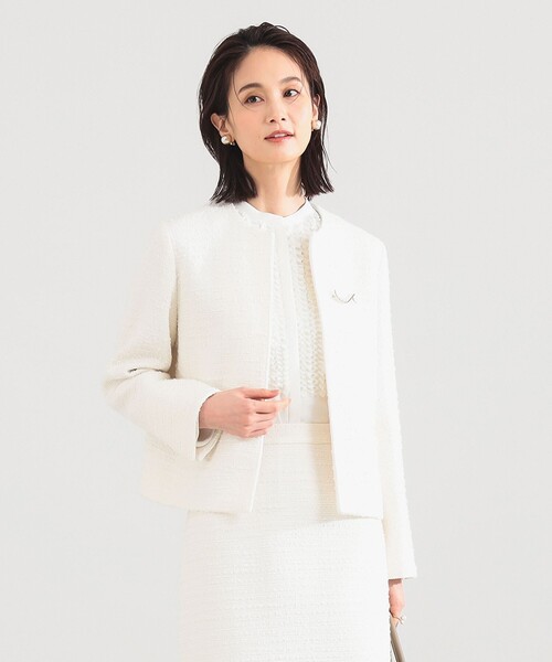 【Demi-Luxe BEAMS】ストレッチツイード ジャケット　アイボリー40 Demi-Luxe BEAMS（デミルクス ビームス） ジャケット ノーカラー