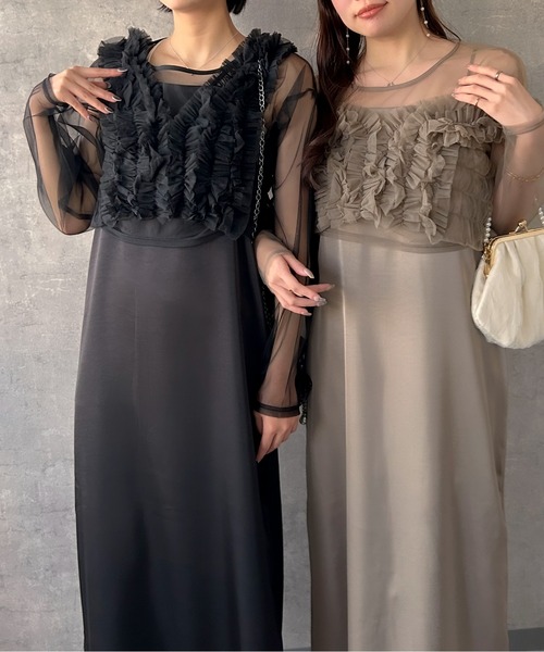 ちょちょん様モカキャミワンピ、エプロン、黒チュールシアートップス Maison Calme ワンピース 「26年春夏新作」チュールビスチェ×シアー