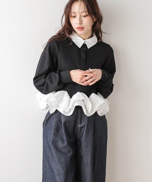 トレーナー スウェット ダブルフリル ペプラムトップス レディース