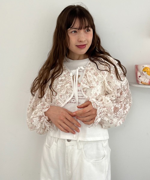 エムズグレイシー　白　メッシュ　フリル　パーカー　カーディガン MORE self LOVE カーディガン レースフリルカーディガン レディース