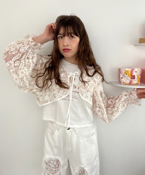 MORE self LOVE カーディガン レースフリルカーディガン レディース