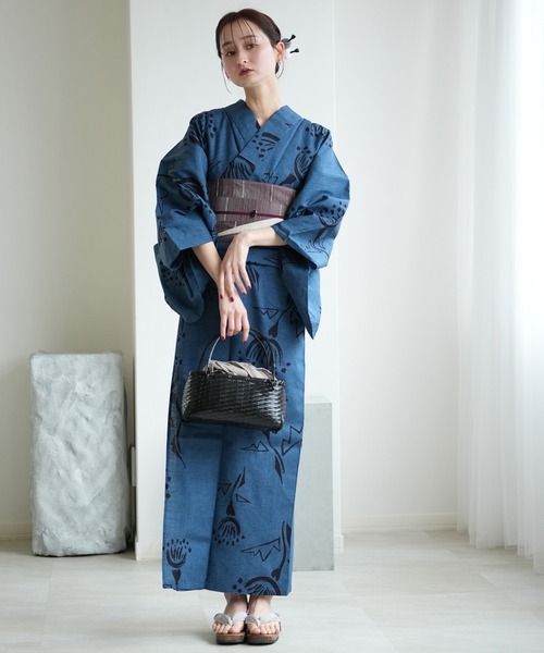 浴衣3点セット utatane×注染工房 赤坂紬 青藍にかごめなでしこ染め分け utatane 浴衣 手染め注染浴衣3点セット utatane×注染工房 赤坂紬 青藍