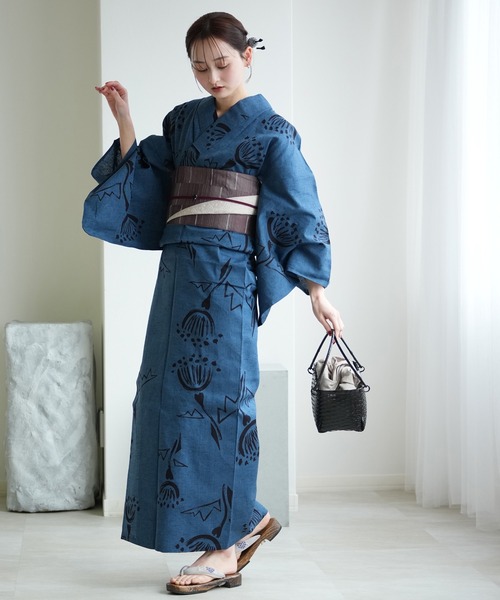 浴衣3点セット utatane×注染工房 赤坂紬 青藍にかごめなでしこ染め分け utatane 浴衣 手染め注染浴衣3点セット utatane×注染工房 赤坂紬 青藍