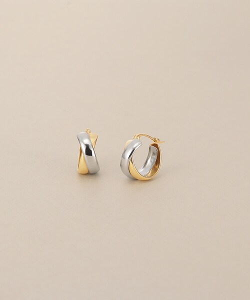 ピアス K10×プラチナ 甲丸クロス フープピアス小 レディースの画像