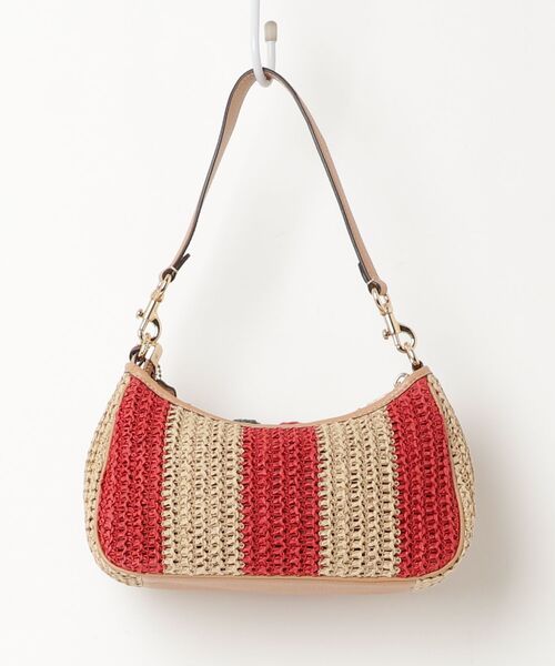 美品✨ コーチ ハンドバッグ キャンバス レザー ストライプ チャーム COACH（コーチ） ストライプ柄トートバッグ - レッド レディース