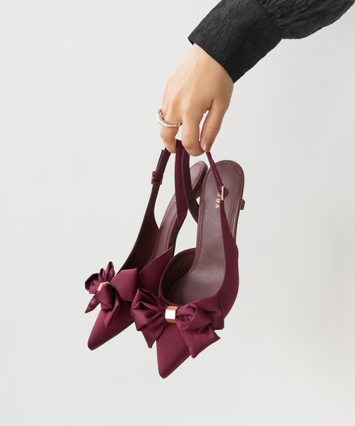 【新品】RANDA サテンリボン　バックストラップパンプス　LL ランダ RANDA サテンリボンバックストラップパンプス （WINE