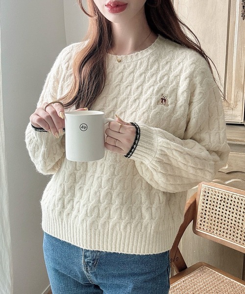 Meiru ニット セーター 「着丈が選べる」くま刺繍ケーブルニット