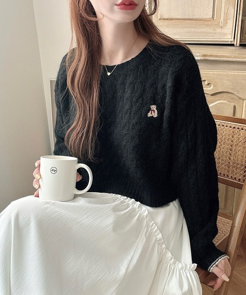 Meiru ニット セーター 「着丈が選べる」くま刺繍ケーブルニット