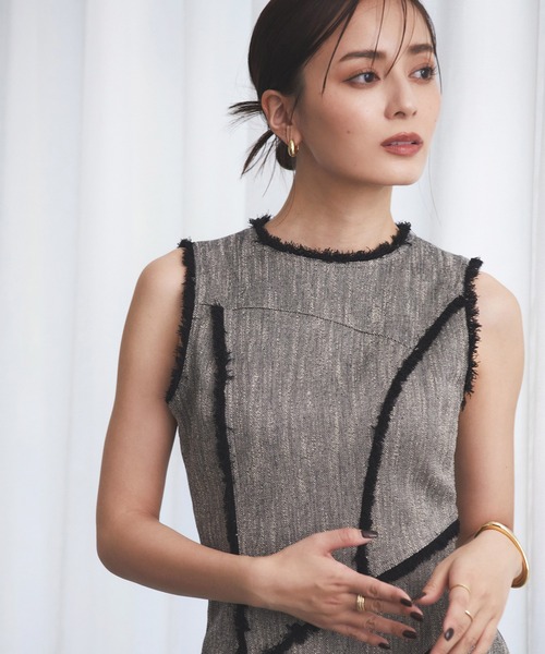 美品アニュアンスanuans カーヴィングシームツイードワンピースS