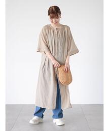 Lugnoncure ワンピース 綿麻前開きギャザーワンピース