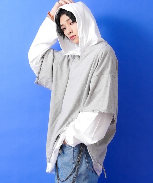 tシャツ a.p.o.v. フェイクレイヤード＆ダメージフーディーカットソー
