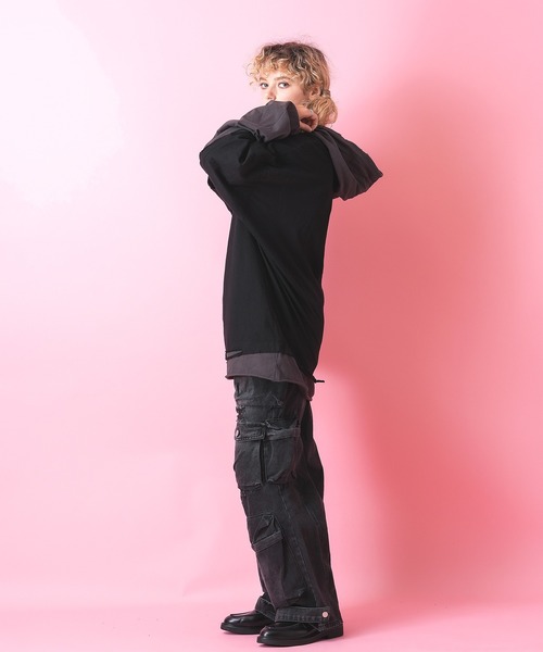 tシャツ a.p.o.v. フェイクレイヤード＆ダメージフーディーカットソー