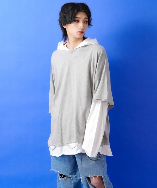 tシャツ a.p.o.v. フェイクレイヤード＆ダメージフーディーカットソー
