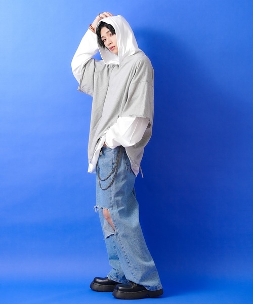 tシャツ a.p.o.v. フェイクレイヤード＆ダメージフーディーカットソー