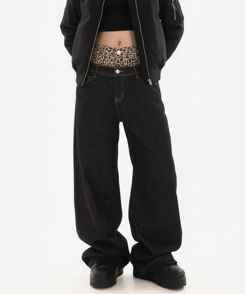 lilful ジーンズ デニム デニムパンツ ダブルウエスト レオパード柄