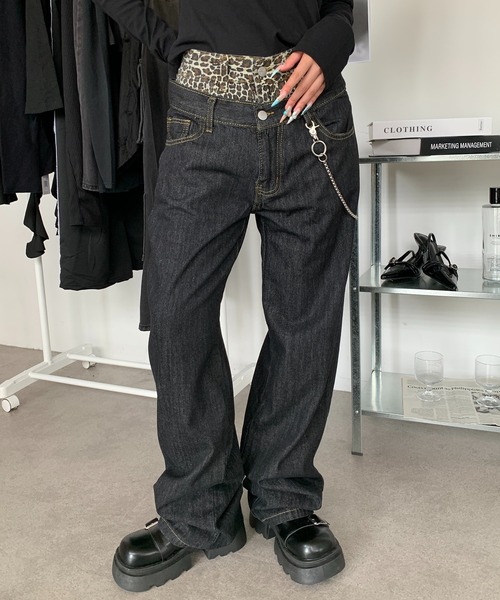 lilful ジーンズ デニム デニムパンツ ダブルウエスト レオパード柄