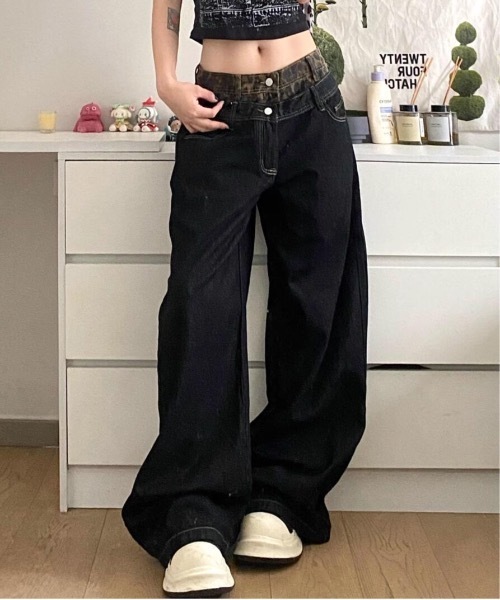 lilful ジーンズ デニム デニムパンツ ダブルウエスト レオパード柄