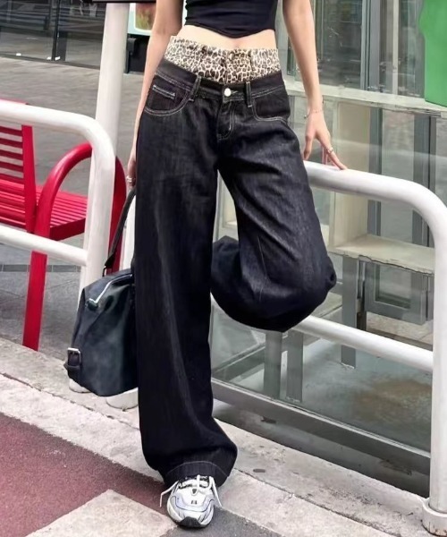 lilful ジーンズ デニム デニムパンツ ダブルウエスト レオパード柄