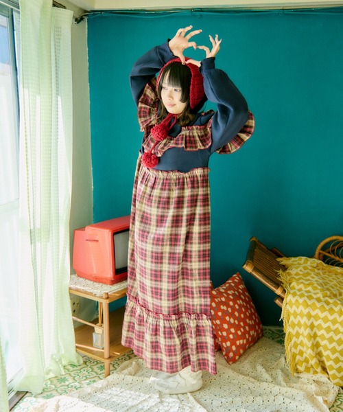 コーデ売り ネイビー 刺繍 スウェット 赤チェック ワンピース リボン レトロ kutir ワンピース 「クティールとレトロ」チェックドッキング