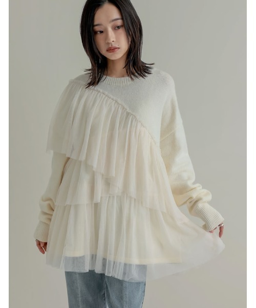 ニット セーター アルパカタッチチュールアシメフリルニットトップス レディース Re:EDIT ニット セーター アルパカタッチチュールアシメフリル