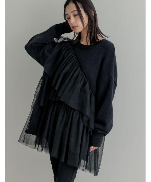 ニット セーター アルパカタッチチュールアシメフリルニットトップス レディース Re:EDIT ニット セーター アルパカタッチチュールアシメフリル