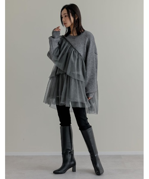 ニット セーター アルパカタッチチュールアシメフリルニットトップス レディース Re:EDIT ニット セーター アルパカタッチチュールアシメフリル