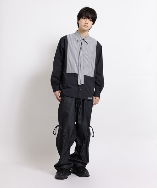 ミルクボーイ　フード付きシャツ　ストライプ　ロング丈　長袖　日本製　綿混　個性派 MILKBOY（ミルクボーイ） シャツ STRIPE タイド シャツ メンズ