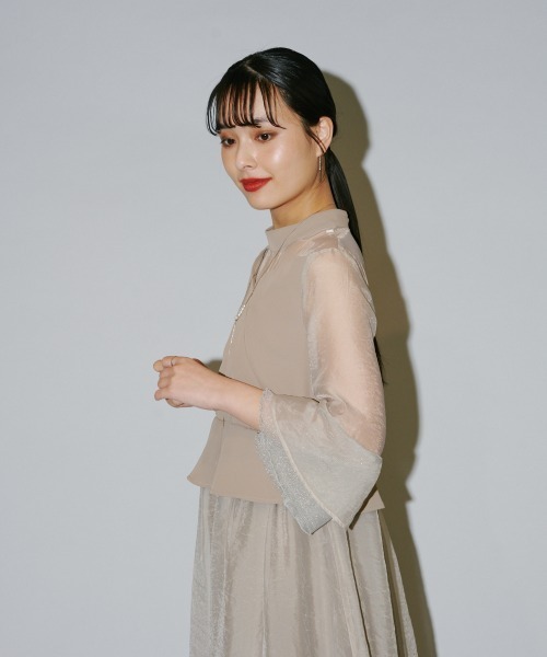 花柄総レースデコルテシアーシフォンフレアスリーブプリーツドレス