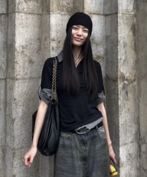 半袖ポロシャツ 黒/チェック柄 38 DIAVEL tシャツ 「新色追加」「3色展開」フェイクレイヤード半袖