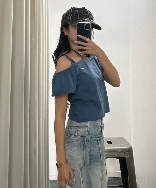 HTH tシャツ ribbon off shoulder cropped tee レディース