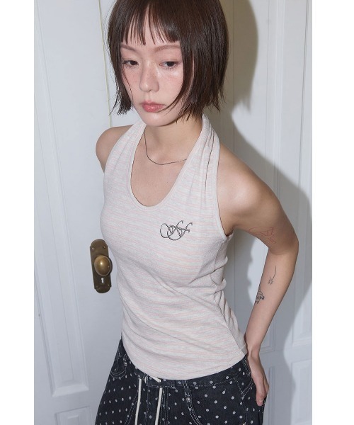 タンクトップ ノースリーブ A'GEM/9 × .kom 「FANCY CLUB/ファンシークラブ」 Stripe Open-back Haltern