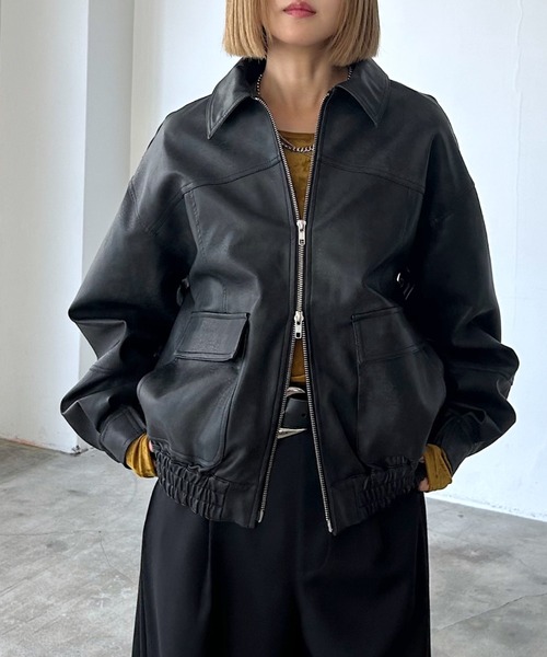 vintage レザーブルゾン イギリス製 セール】ヴィンテージライクフェイクレザースタンドブルゾン/ レザー