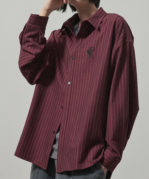 シャツ 「Alfred Alex」ストライプ ワンポイント刺繍 オーバーサイズ