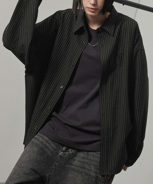 シャツ 「Alfred Alex」ストライプ ワンポイント刺繍 オーバーサイズ