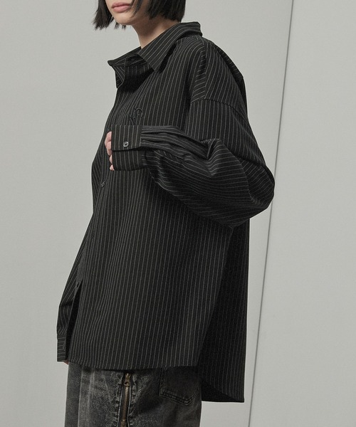 シャツ 「Alfred Alex」ストライプ ワンポイント刺繍 オーバーサイズ