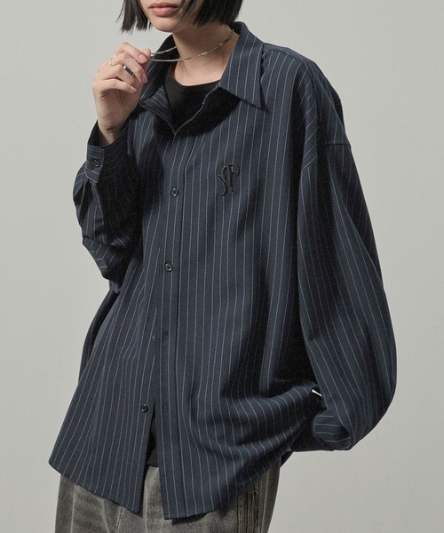 シャツ 「Alfred Alex」ストライプ ワンポイント刺繍 オーバーサイズ