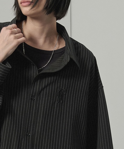 シャツ 「Alfred Alex」ストライプ ワンポイント刺繍 オーバーサイズ