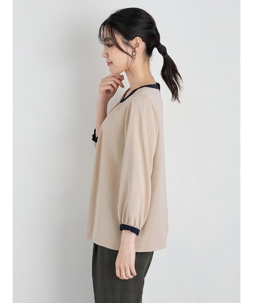 BEIGE, ベイジ　BROADCLOTH ブラウス パールボタン ブラウス シャツ 「洗える・シワになりにくい」パールボタン 配色 7分