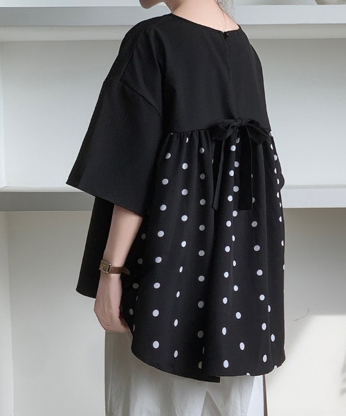 PATOU ロゴ入りドット柄 半袖Tシャツ バックリボン PATOU ロゴ入りドット柄 半袖Tシャツ バックリボン ブラウス シャツ