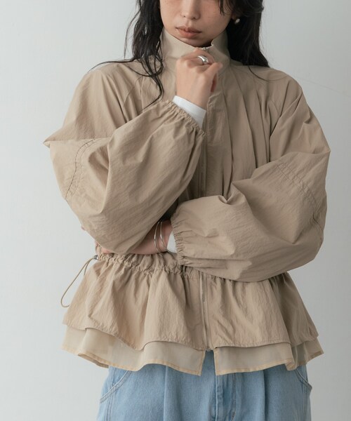 ドゥロワー コットン ジャケット ブルゾン ペプラム ベージュ S 日本製 INDIVI GALLEST ブルゾン アウター シャーリングペプラムブルゾン