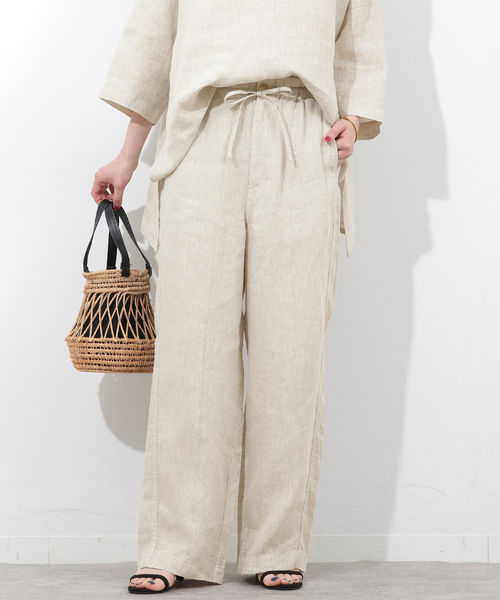 ワイドパンツ パンツ ベルギーリネンワイドイージーパンツ レディースの画像