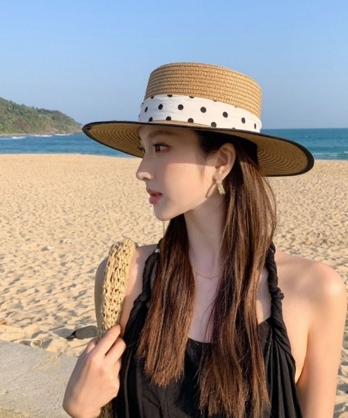 Chapeau d' O 麦わら帽子　ドット　リボン 帽子 ハット レディース ドットリボン付 カンカン帽風 ストローハット