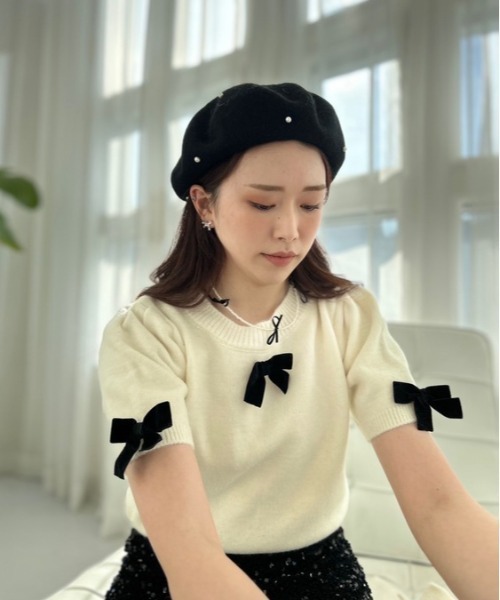ニット セーター ipugo/イプゴ アームウォーマー付き 半袖リボンニット レディース ipugo ニット セーター ipugo/イプゴ アームウォーマー付き 半袖