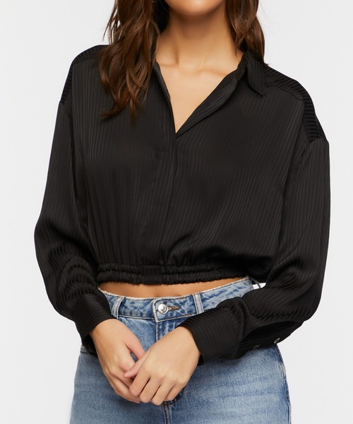 FOREVER21 ブラウス シャツ フルジップサテンショートシャツ