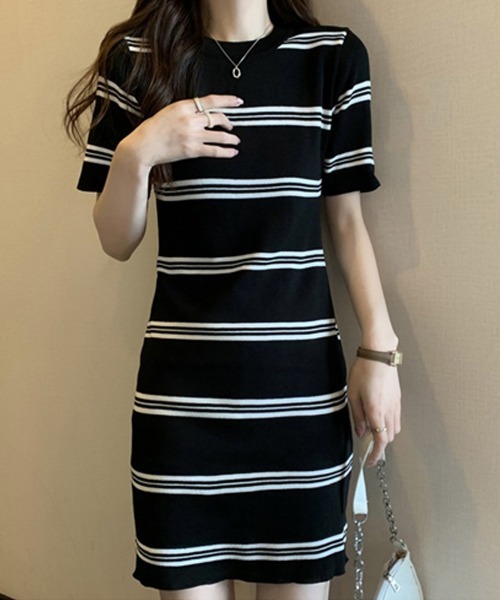 45R 薄手ギマニットボーダー 半袖 ワンピース美品 miniministore（ミニミニストア） ワンピース 半袖 サマーニット